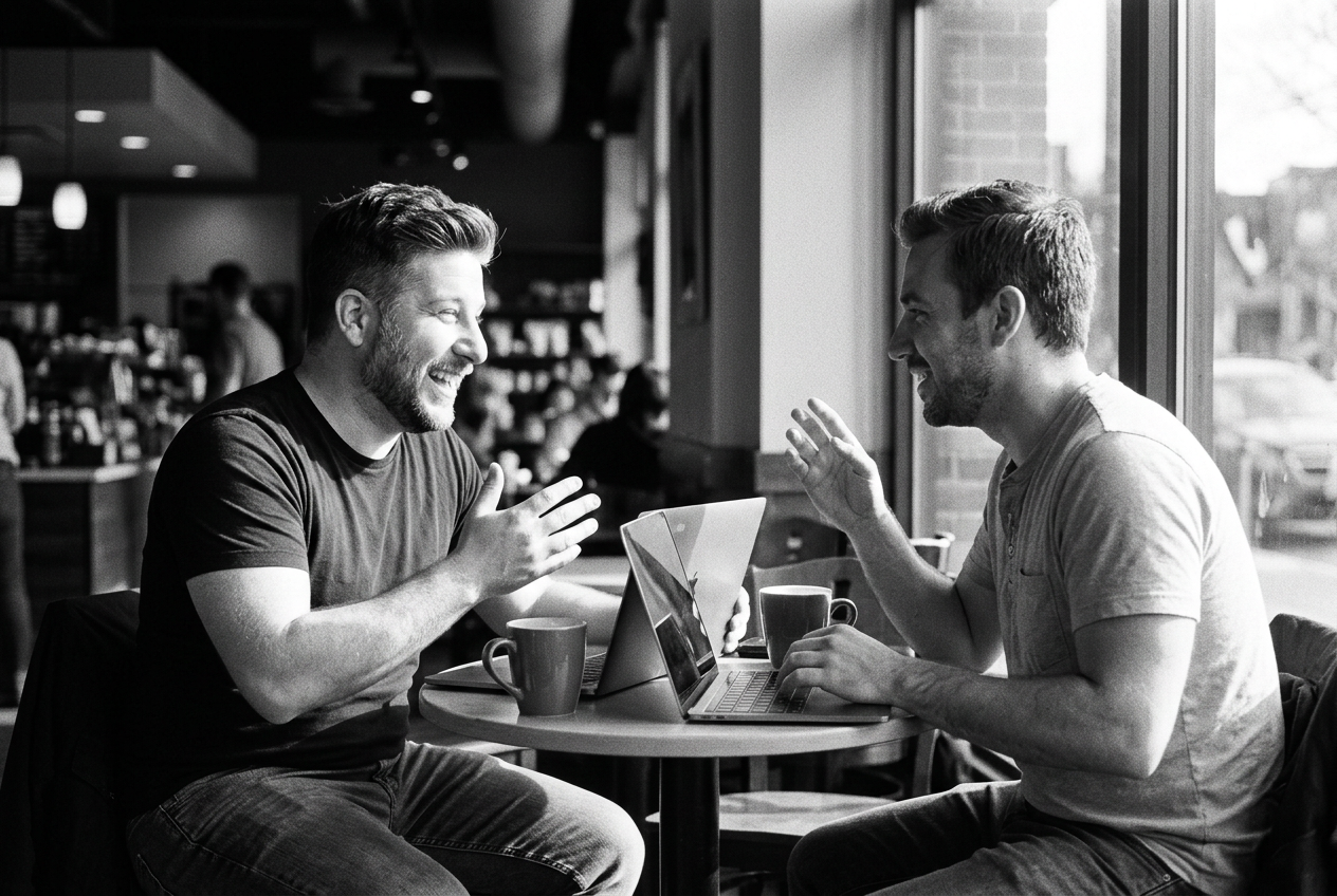 Ryan Victor Mark in conversation with a founder in a café